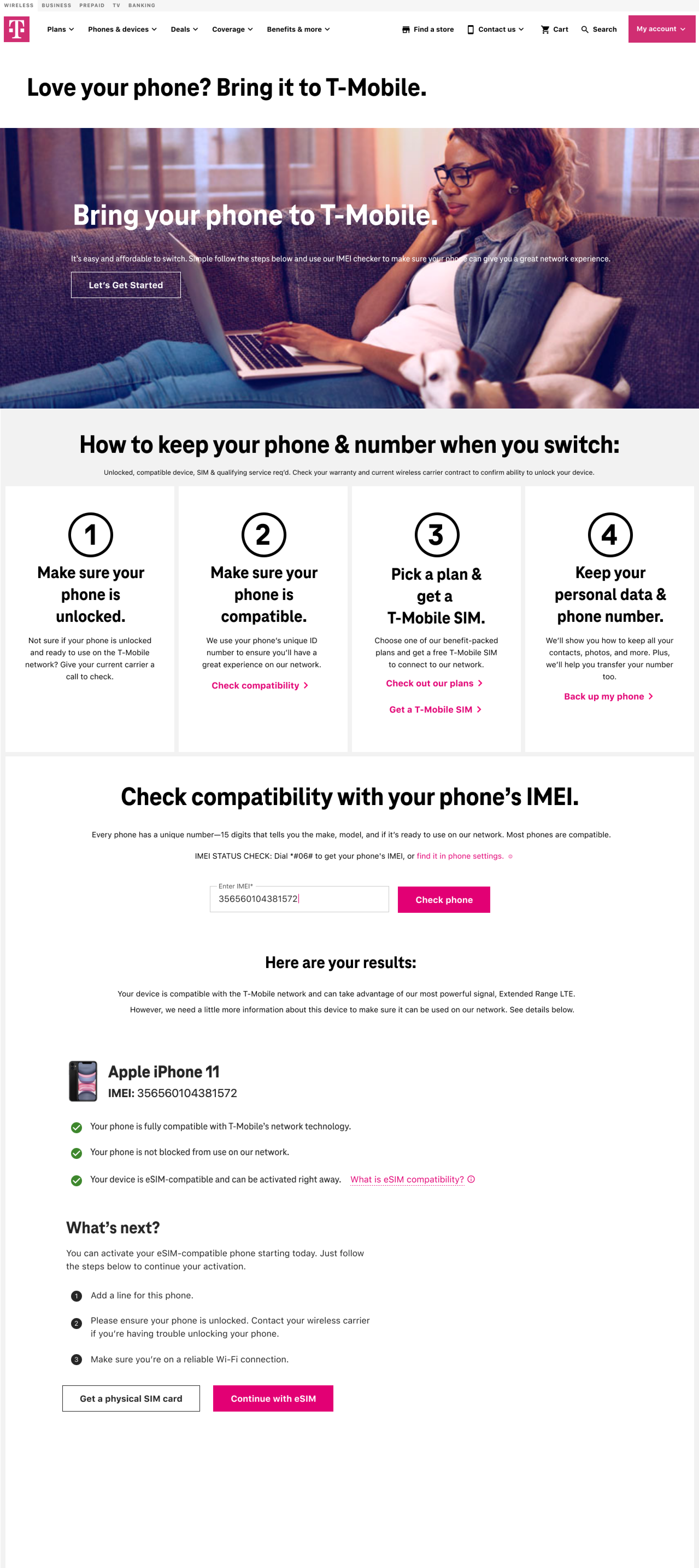 T-Mobile Bring Your Own Device page with IMEI check