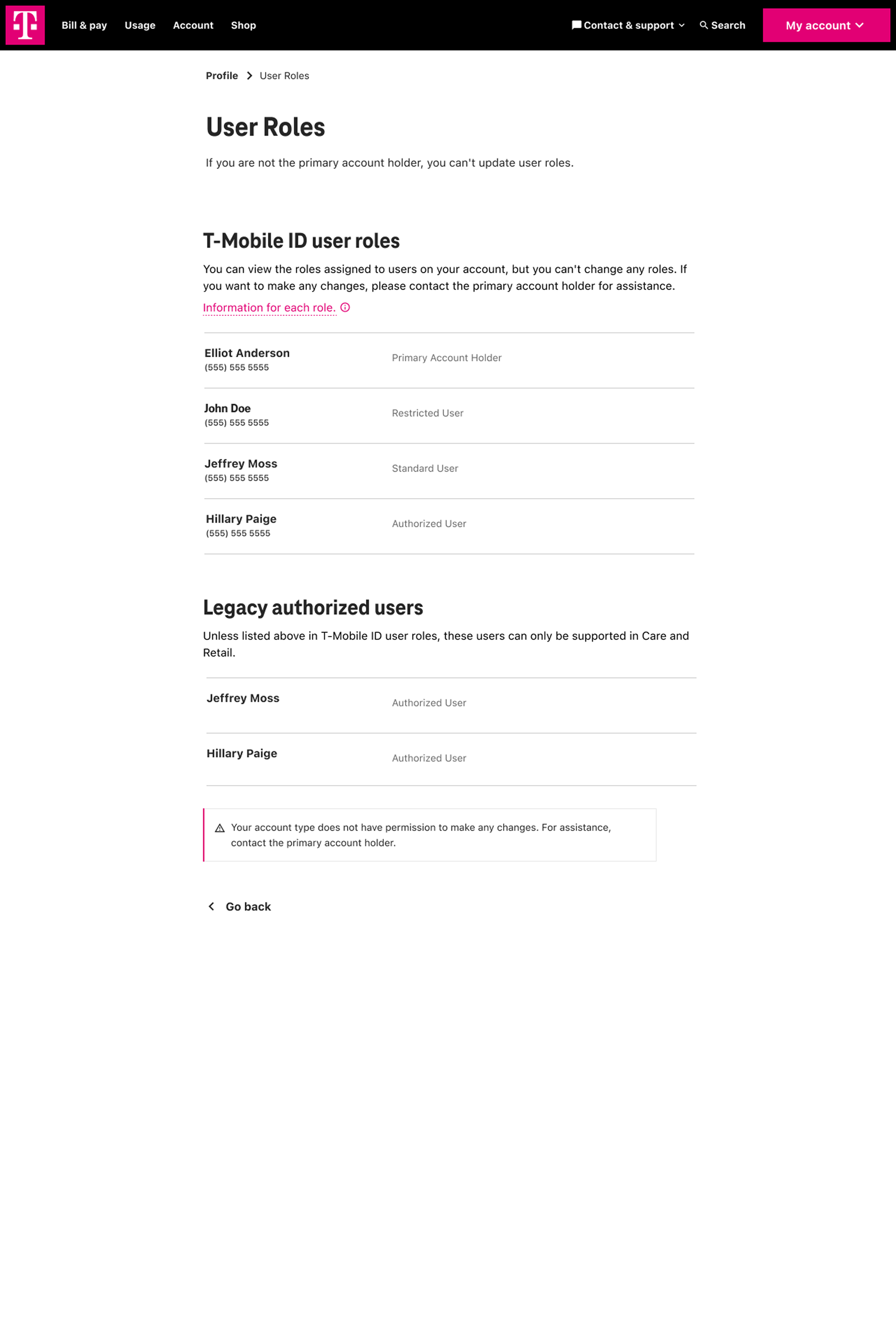 User Roles page on desktop