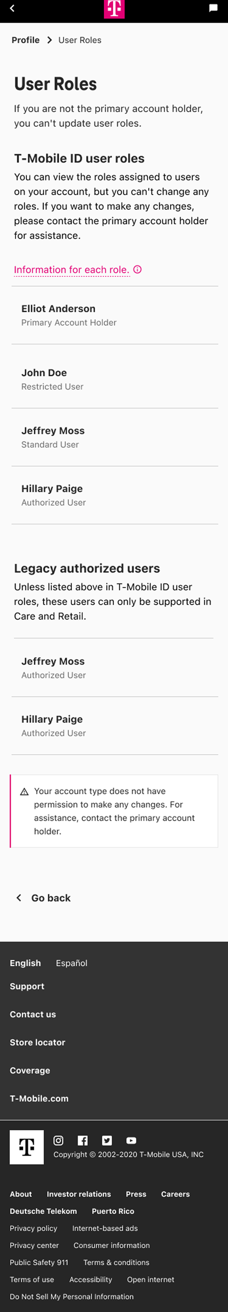 User Roles page on mobile