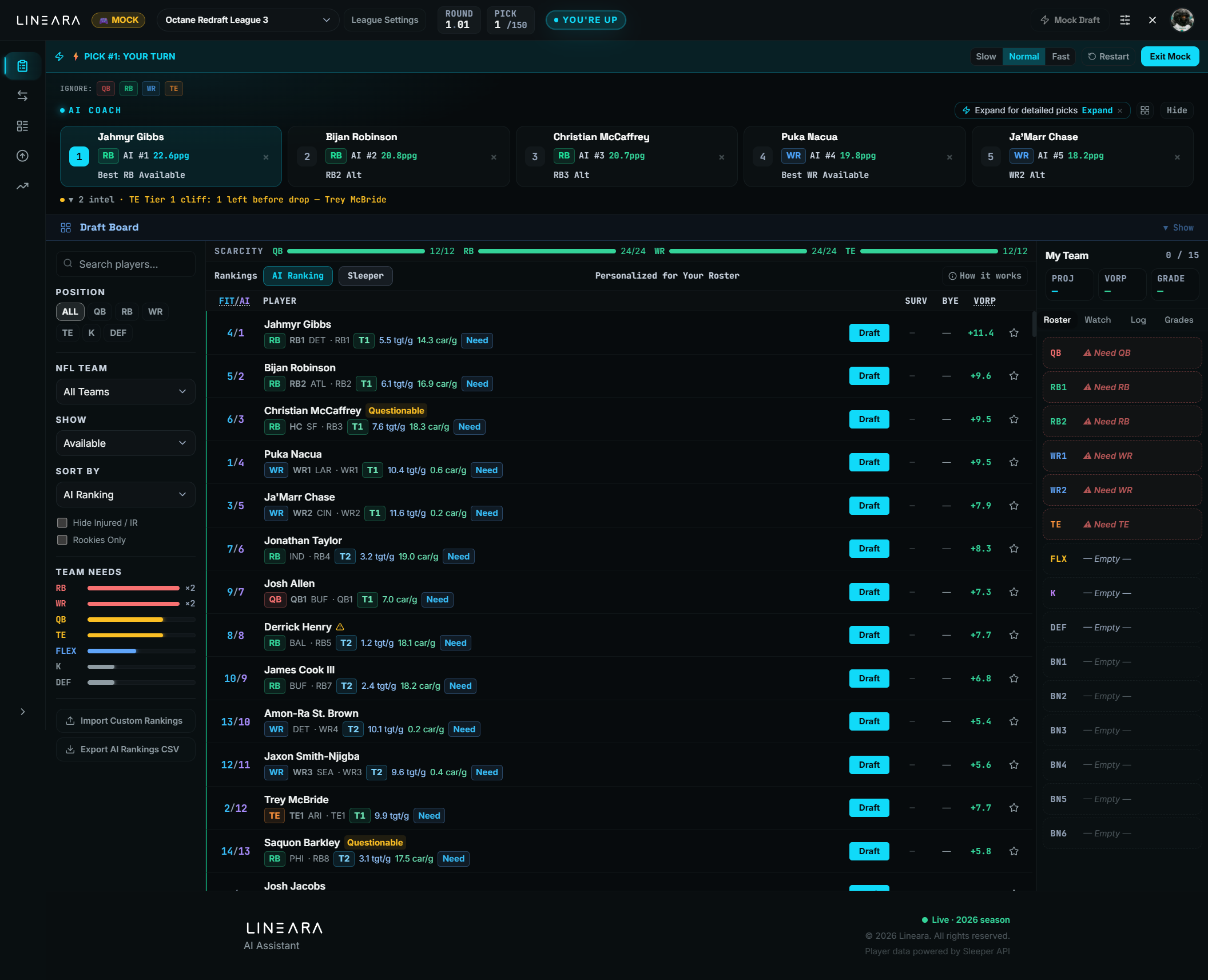 Lineara mock draft board with AI Coach recommendations