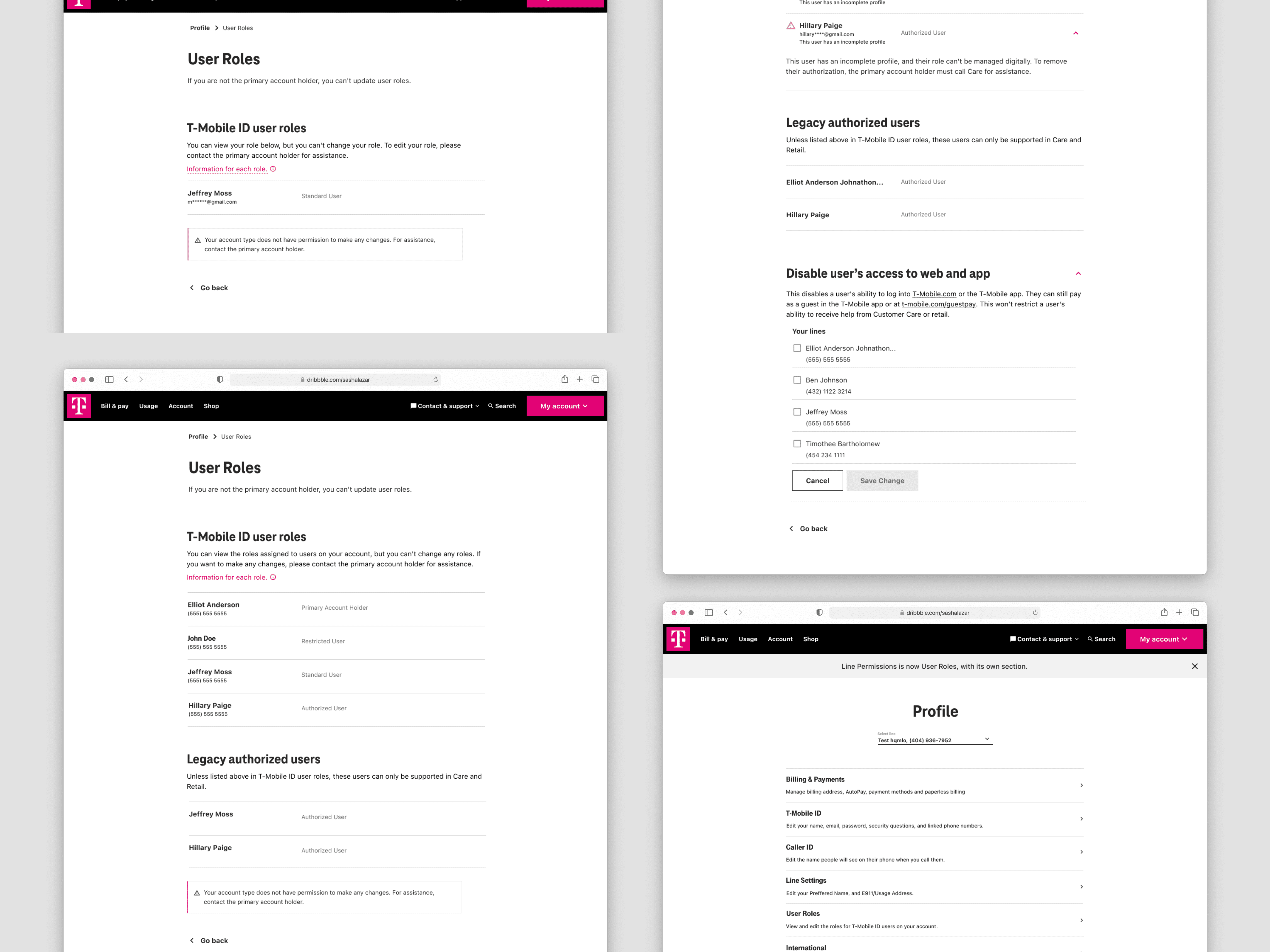 T-Mobile IDs — web view, four user roles